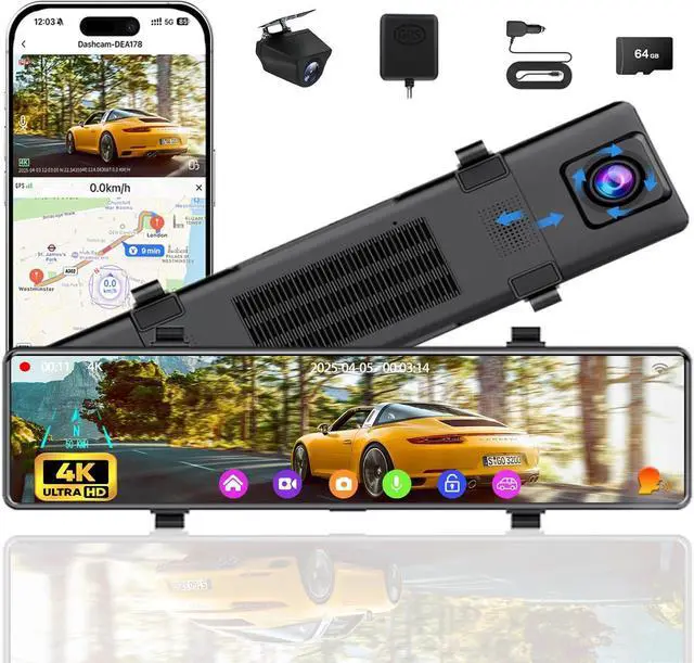 Main image of 4K Mirror Dash Cam Front and Rear, 12'' Dual WiFi Dashcam for Cars with Voice Control, ADAS&BSD&LCA, GPS, Reverse Assist, G-Sensor, 24 Parking Monitor, Free 64GB Card