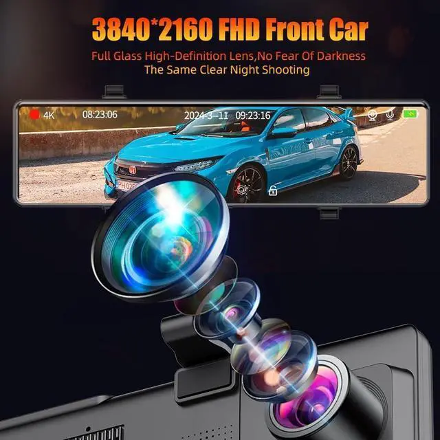 Alt view image 6 of 7 - 4K Mirror Dash Cam Front and Rear, 12'' Dual WiFi Dashcam for Cars with Voice Control, ADAS&BSD&LCA, GPS, Reverse Assist, G-Sensor, 24 Parking Monitor, Free 64GB Card