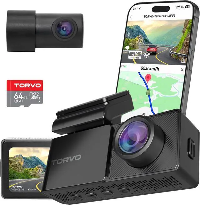 Main image of TORVO 4K Dash Cam Front and Rear for Cars Included 64GB Card, 3.2 IPS Screen and Loop Recording, Car Dash Camera 4K/1080p with 5G WiFi & GPS, Night Vision with 24H Parking Mode & App Control