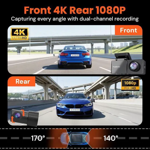 Alt view image 2 of 7 - TORVO 4K Dash Cam Front and Rear for Cars Included 64GB Card, 3.2 IPS Screen and Loop Recording, Car Dash Camera 4K/1080p with 5G WiFi & GPS, Night Vision with 24H Parking Mode & App Control