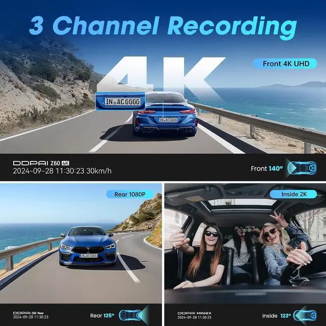 Alt view image 2 of 7 - DDPAI 3 Channel Dash Cam 4K, 4K+2K+1080P Triple Dashcam, up to 15MB/s 5GHz WiFi6 Built-in GPS Car Camera, 32G eMMC Storage, 3" IPS, AI-ISP Night Vision, ADAS, AOV 7 Days Parking Mode, Z60 link