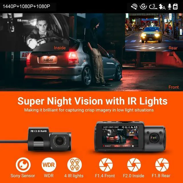 Alt view image 3 of 7 - VANTRUE N4 3 Channel Dash Cam, 4K+1080P Dual Channel, 1440P+1440P+1080P Front Inside Rear Three Way Triple Car Dash Camera, IR Night Vision, Capacitor, 24 Hours Parking Mode, Support 256GB Max