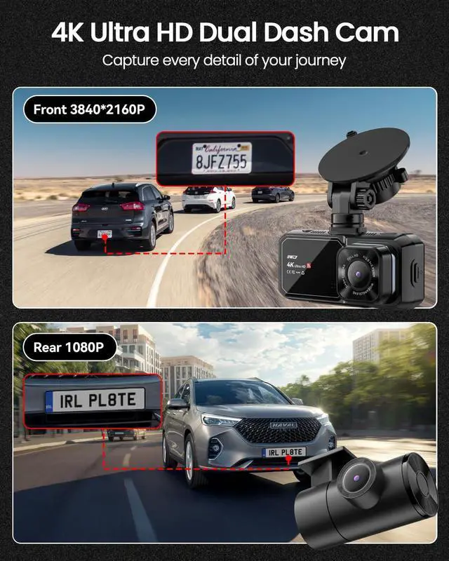Alt view image 2 of 7 - IIWEY 4K Dash Cam Front and Rear for Cars, Dual UHD Camera with WiFi, Free 64GB Card, 3.16" IPS, G-Sensor, Parking Mode, Loop Recording, WDR