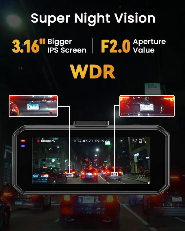 Alt view image 6 of 7 - IIWEY 4K Dash Cam Front and Rear for Cars, Dual UHD Camera with WiFi, Free 64GB Card, 3.16" IPS, G-Sensor, Parking Mode, Loop Recording, WDR