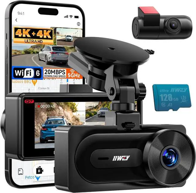 Main image of IIWEY 4K+4K Dash Cam Front and Rear, Dual STARVIS w/HDR, 5G WiFi-6 (up to 20MB/s) with App, 128G SD Card Included, GPS, Dash Camera for Cars with 24/7 Parking Mode, 3.18 Inch IPS, 170° Wide Angle