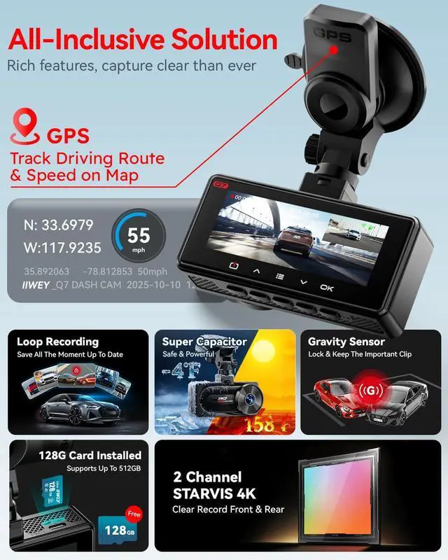 Alt view image 3 of 7 - IIWEY 4K+4K Dash Cam Front and Rear, Dual STARVIS w/HDR, 5G WiFi-6 (up to 20MB/s) with App, 128G SD Card Included, GPS, Dash Camera for Cars with 24/7 Parking Mode, 3.18 Inch IPS, 170° Wide Angle