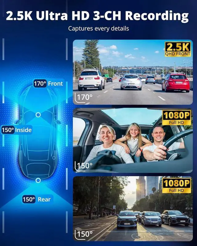 Alt view image 3 of 7 - Dash Cam Front and Rear Inside, 3-Channel 2.5K FHD Dash Camera for Cars with 2" Screen, Wireless Dashcam with 5GHz WiFi, 64GB Card, Car Camera Front and Back, Auto IR Night Vision, HDR, G-Sensor