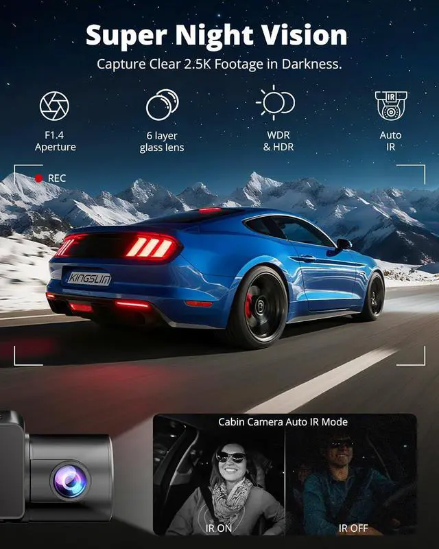 Alt view image 4 of 7 - Dash Cam Front and Rear Inside, 3-Channel 2.5K FHD Dash Camera for Cars with 2" Screen, Wireless Dashcam with 5GHz WiFi, 64GB Card, Car Camera Front and Back, Auto IR Night Vision, HDR, G-Sensor