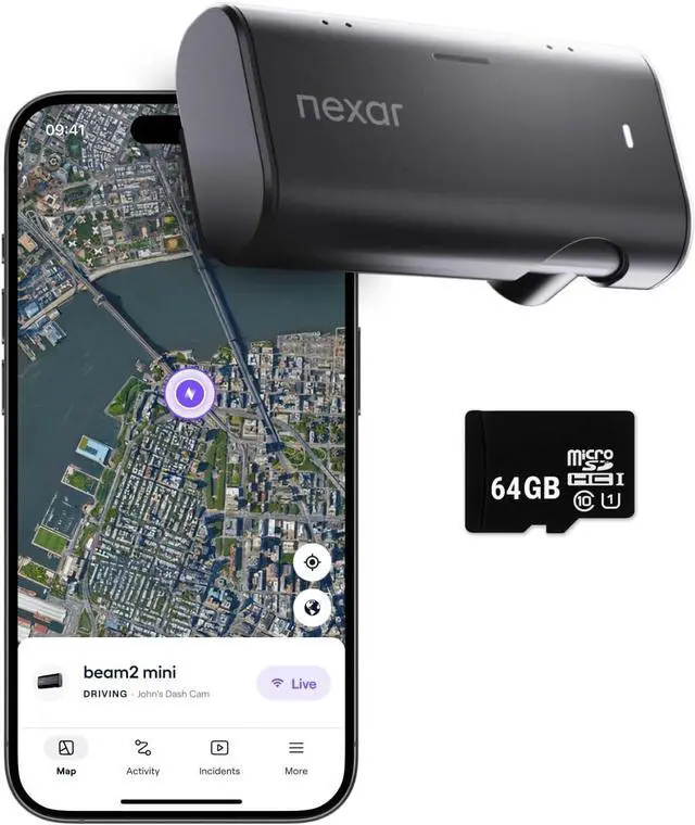Main image of Nexar Beam2 Mini Dash Cam Car Camera 64GB Storage 24H Parking Mode Wide Angle FHD Lens Wireless Dash Camera for Cars Includes $25 OBD Hardwire Kit for Continuous Power