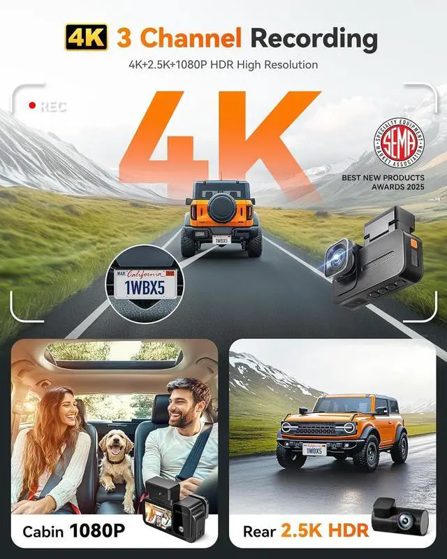 Main image of WOLFBOX X5 3 Channel 4K HDR Dash Cam, STARVIS 2 IMX678 Night Vision, 4K+2.5K+1080P Front and Rear Inside Car Camera with 128GB Card and GPS, Support Voice Control, Touch Screen and 5.8GHz WiFi