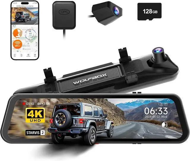 Main image of WOLFBOX G900 PRO Mirror Dash Cam with STARVIS 2 IMX678, 12 inches Rear View Mirror Camera with Front 4K and Rear 2.5K, Included 128GB Card, Voice Control, 5.8GHz WiFi, Loop Recording, G-Sensor & GPS