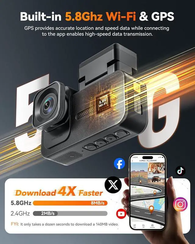 Alt view image 5 of 6 - WOLFBOX X5 3 Channel 4K HDR Dash Cam, STARVIS 2 IMX678 Night Vision, 4K+2.5K+1080P Front and Rear Inside Car Camera with 128GB Card and GPS, Support Voice Control, Touch Screen and 5.8GHz WiFi