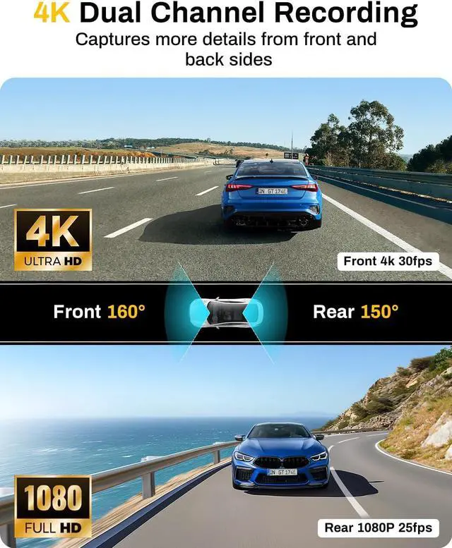 Alt view image 2 of 6 - 4K Dual Dash Cam Front and Rear 4K/1080P Full HD Dash Camera for Cars, 5G Wi-Fi & App Control car Camera with Night Vision, 170°Wide Angle, WDR, 24H Parking Mode, Free 64GB Card Included