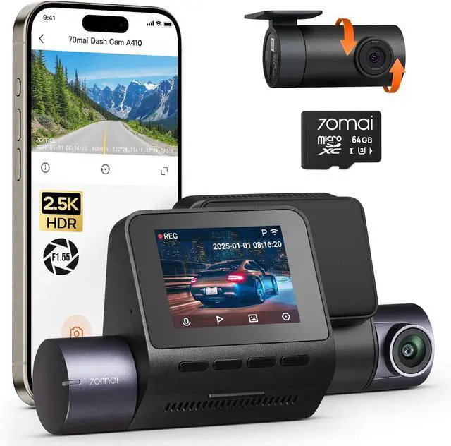 Main image of 70mai Dash Cam Front and Rear - 2.5K+1080P Dual Dash Camera with HDR, Super Night Vision, F1.55 Aperture, 24H Parking Mode, Built-in Wi-Fi & GPS, G-Sensor, Loop Recording, 64GB Card Included (A410)