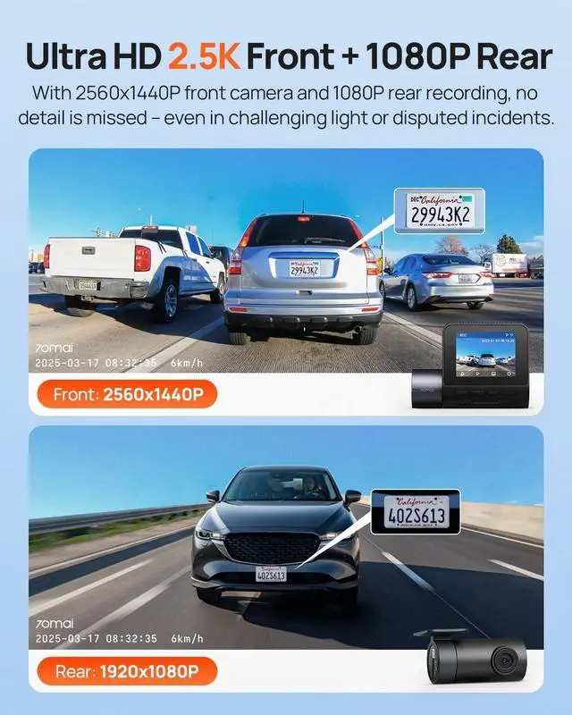 Alt view image 2 of 7 - 70mai Dash Cam Front and Rear - 2.5K+1080P Dual Dash Camera with HDR, Super Night Vision, F1.55 Aperture, 24H Parking Mode, Built-in Wi-Fi & GPS, G-Sensor, Loop Recording, 64GB Card Included (A410)
