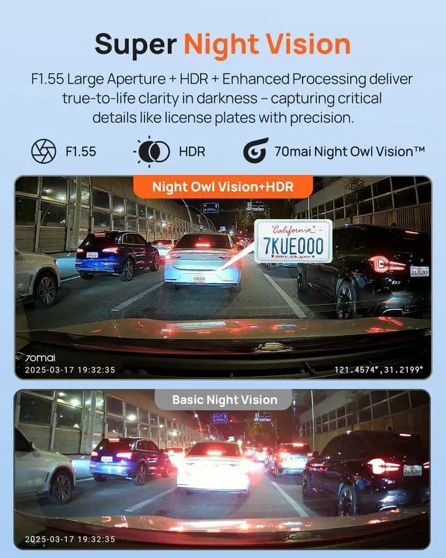 Alt view image 3 of 7 - 70mai Dash Cam Front and Rear - 2.5K+1080P Dual Dash Camera with HDR, Super Night Vision, F1.55 Aperture, 24H Parking Mode, Built-in Wi-Fi & GPS, G-Sensor, Loop Recording, 64GB Card Included (A410)