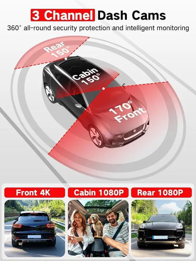 Alt view image 2 of 7 - 3 Channel 4k Dash Cam Front and Rear and Inside, Car Mount Dash Camera with WiFi, 64GB Card, Night Vision, App Control, Loop Recording, G-Sensor, 24h Parking Mode, 3" IPS Screen