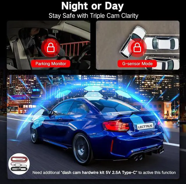 Alt view image 3 of 7 - 3 Channel 4k Dash Cam Front and Rear and Inside, Car Mount Dash Camera with WiFi, 64GB Card, Night Vision, App Control, Loop Recording, G-Sensor, 24h Parking Mode, 3" IPS Screen