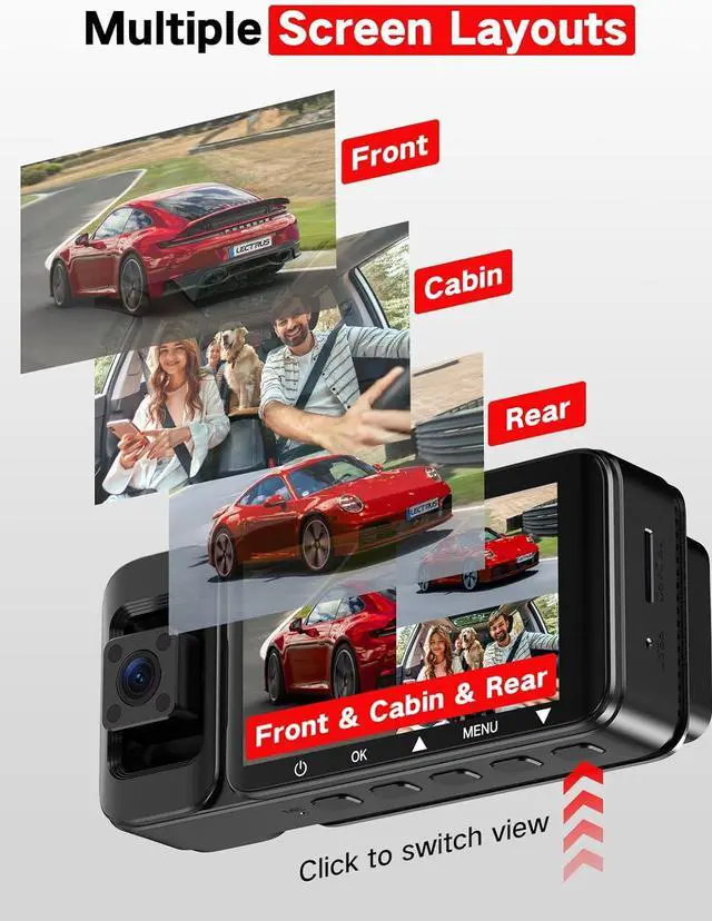 Alt view image 5 of 7 - 3 Channel 4k Dash Cam Front and Rear and Inside, Car Mount Dash Camera with WiFi, 64GB Card, Night Vision, App Control, Loop Recording, G-Sensor, 24h Parking Mode, 3" IPS Screen