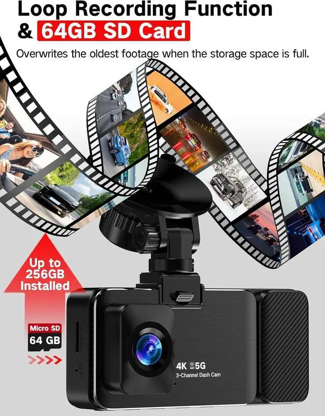 Alt view image 7 of 7 - 3 Channel 4k Dash Cam Front and Rear and Inside, Car Mount Dash Camera with WiFi, 64GB Card, Night Vision, App Control, Loop Recording, G-Sensor, 24h Parking Mode, 3" IPS Screen