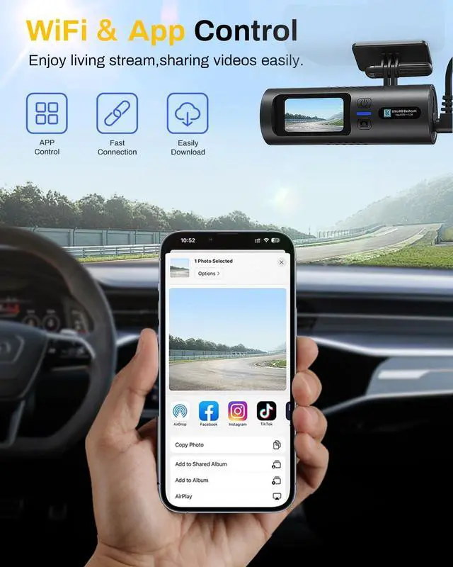 Alt view image 3 of 6 - 4K Dual Dash Cam Front and Rear 4K/1080P Full HD Dash Camera for Cars, 5G Wi-Fi & App Control car Camera with Night Vision, 170°Wide Angle, WDR, 24H Parking Mode, Free 64GB Card Included
