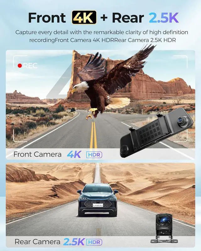 Alt view image 2 of 7 - 12" Mirror Dash Cam, 4K UHD Front and 2.5K Rear View Dash Camera for Car, with ADAS BSD LCA Smart Mode, GPS, G-Sensor, Loop Recording, Parking Monitor, Voice Control, 5.8GHz WiFi