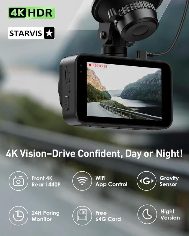 Alt view image 2 of 7 - GMAIPOP Dash Cam Front and Rear,4K+2K Dash Camera for Cars with STARVIS Sensor,Built in 5GHz Wi-Fi, Free 64GB Card Included, Dual Dashbord Dashcam,Night Vision,Emergency Lock, Parking Mode