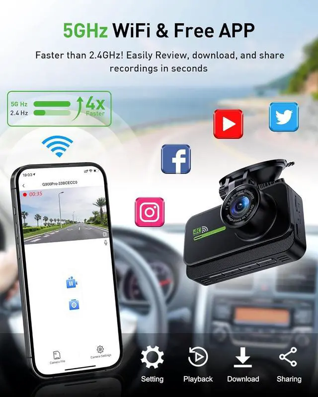 Alt view image 5 of 7 - GMAIPOP Dash Cam Front and Rear,4K+2K Dash Camera for Cars with STARVIS Sensor,Built in 5GHz Wi-Fi, Free 64GB Card Included, Dual Dashbord Dashcam,Night Vision,Emergency Lock, Parking Mode