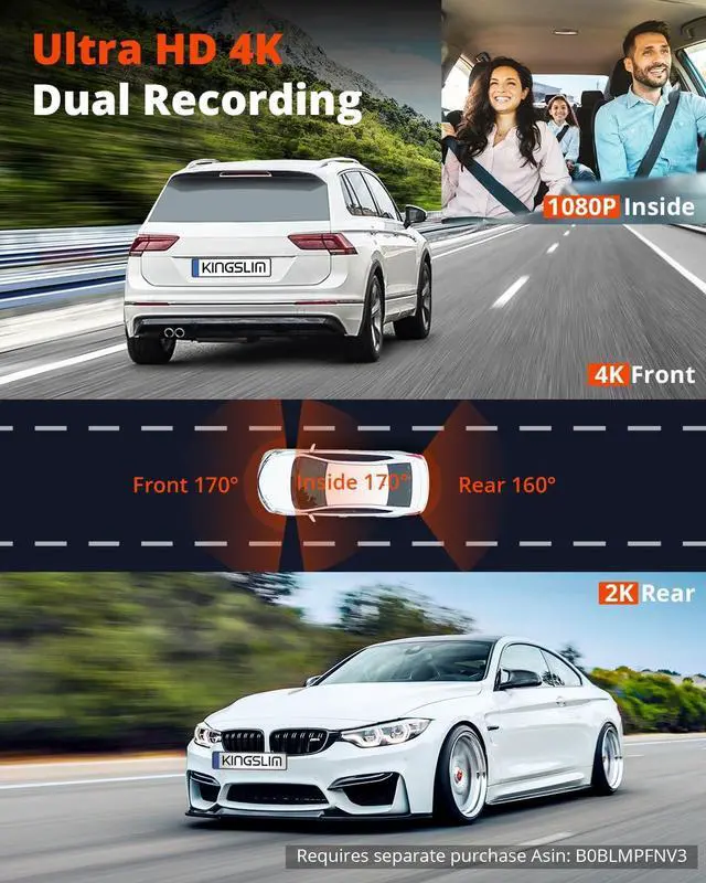 Alt view image 2 of 7 - Kingslim D6 4K Dash Cam Front and Inside, New Version Cabin Dual Dash Uber Car Camera with WiFi & GPS, 3 Channel Dashcam Upgradeable, Type C Charging, 256GB Supported, Night Vision, Parking Monitor