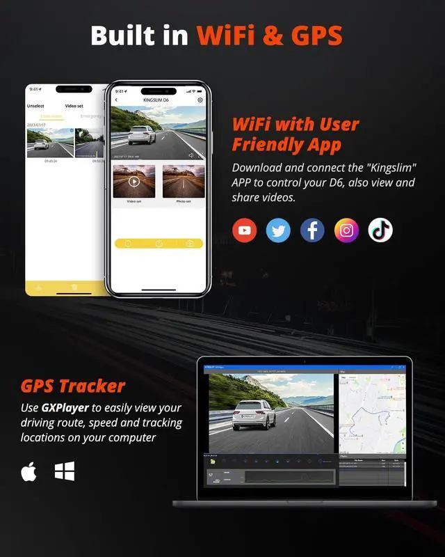 Alt view image 3 of 7 - Kingslim D6 4K Dash Cam Front and Inside, New Version Cabin Dual Dash Uber Car Camera with WiFi & GPS, 3 Channel Dashcam Upgradeable, Type C Charging, 256GB Supported, Night Vision, Parking Monitor