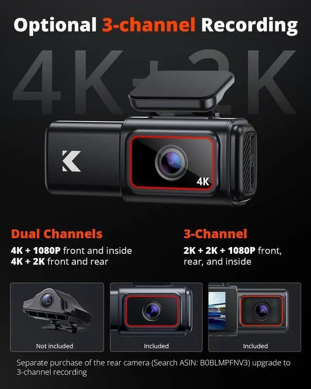 Alt view image 5 of 7 - Kingslim D6 4K Dash Cam Front and Inside, New Version Cabin Dual Dash Uber Car Camera with WiFi & GPS, 3 Channel Dashcam Upgradeable, Type C Charging, 256GB Supported, Night Vision, Parking Monitor