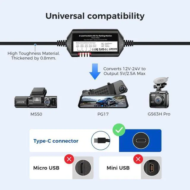 Alt view image 3 of 7 - AZDOME 3-Lead ACC Hardwire Kit Type-C USB Port for M550 M01Pro PG17 GS63HPro DashCam, 12ft with Fuse Kit, Dash Camera 24H Parking Monitor, Convert 12V-24V to Output 5V/2.5A Max, Low Voltage Protection