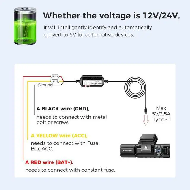 Alt view image 4 of 7 - AZDOME 3-Lead ACC Hardwire Kit Type-C USB Port for M550 M01Pro PG17 GS63HPro DashCam, 12ft with Fuse Kit, Dash Camera 24H Parking Monitor, Convert 12V-24V to Output 5V/2.5A Max, Low Voltage Protection