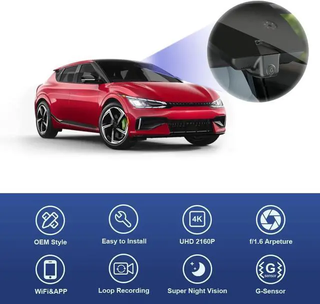 Alt view image 3 of 6 - Fitcamx 4K Dash Cam Compatible with Kia EV6 2022-2025 GT GT-Line Light Long Range Wind, OEM Factory Look, UHD 2160P Video, Loop Recording, Built-in WiFi & APP, G-Sensor, Easy to Install, 64GB Card