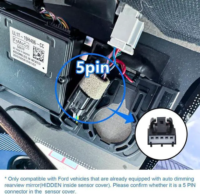 Alt view image 2 of 7 - Dashcam Power Adapter Custom for Ford 5 Pin (Model B) for Mustang Mache Explorer Edge Expedition & More, Connect Auto-Dimming Connector(Hidden)