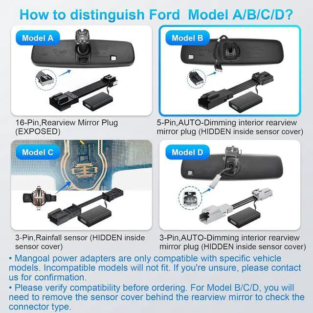 Alt view image 4 of 7 - Dashcam Power Adapter Custom for Ford 5 Pin (Model B) for Mustang Mache Explorer Edge Expedition & More, Connect Auto-Dimming Connector(Hidden)