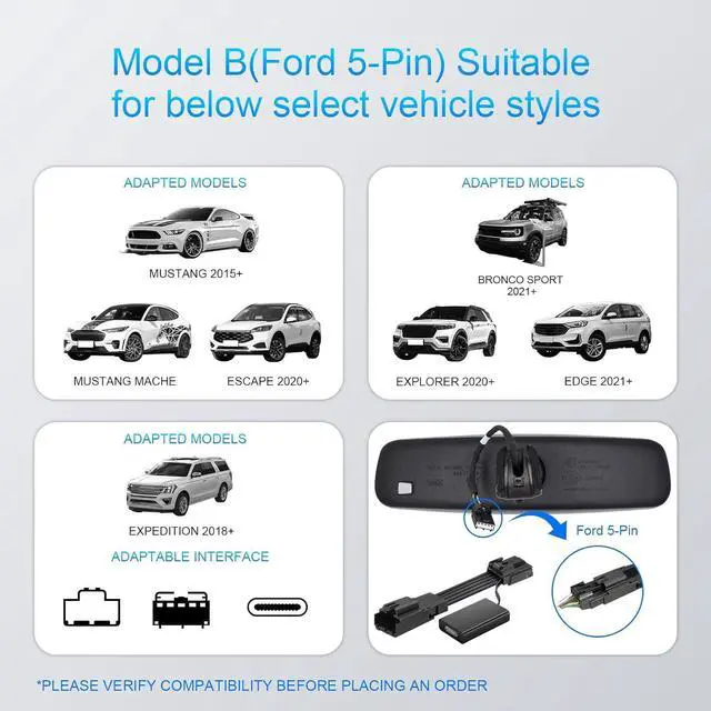 Alt view image 5 of 7 - Dashcam Power Adapter Custom for Ford 5 Pin (Model B) for Mustang Mache Explorer Edge Expedition & More, Connect Auto-Dimming Connector(Hidden)