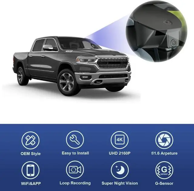 Alt view image 3 of 6 - Fitcamx 4K Dash Cam Suitable for RAM 1500 TRX Classic (Model A) 2019 2020 2021 2022 2023 2024 Rebel Big Horn Laramie, OEM Look, UHD 2160P Video, WiFi&APP, Loop Recording G-Sensor, Plug&Play, 64GB Card