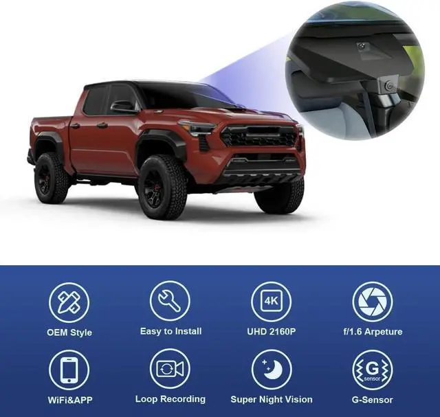 Alt view image 3 of 6 - Fitcamx 4K Dash Cam Suitable for Toyota Tacoma 2024-2025 SR SR5 TRD Sport Pre-Runner Off Road Limited & Tacoma Hybrid, OEM Look, UHD 2160P Video, WiFi & APP, Loop Recording, G-Sensor, Plug&Play, 64GB