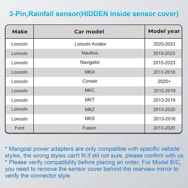 Alt view image 3 of 7 - Dashcam Power Adapter Custom for Ford 3 Pin (Model C) for F150 F250/350 Mustang Explorer Lincoln Various Models, Connect Rainfall Sensor (Hidden)