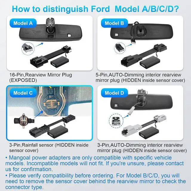 Alt view image 5 of 7 - Dashcam Power Adapter Custom for Ford 3 Pin (Model C) for F150 F250/350 Mustang Explorer Lincoln Various Models, Connect Rainfall Sensor (Hidden)