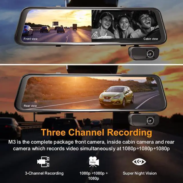 Alt view image 2 of 6 - M3 3-Channel 1080p Mirror Dash Cam - GPS, 12" IPS Touch Screen, Night Vision, Parking Monitor, Stream Media, Auto-Backup for Car, Truck & Taxi