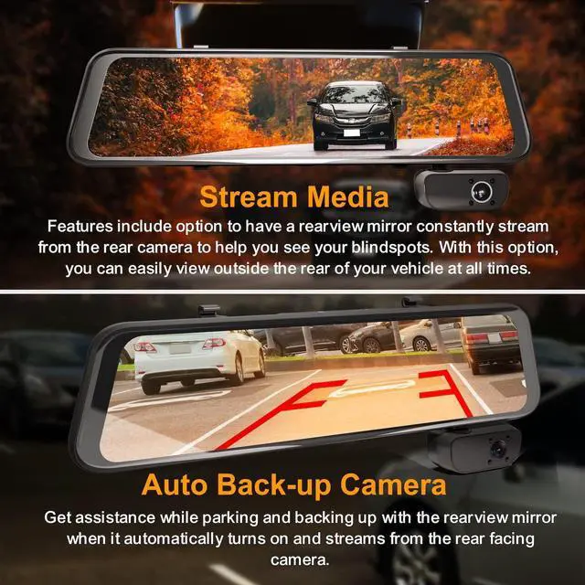 Alt view image 3 of 6 - M3 3-Channel 1080p Mirror Dash Cam - GPS, 12" IPS Touch Screen, Night Vision, Parking Monitor, Stream Media, Auto-Backup for Car, Truck & Taxi