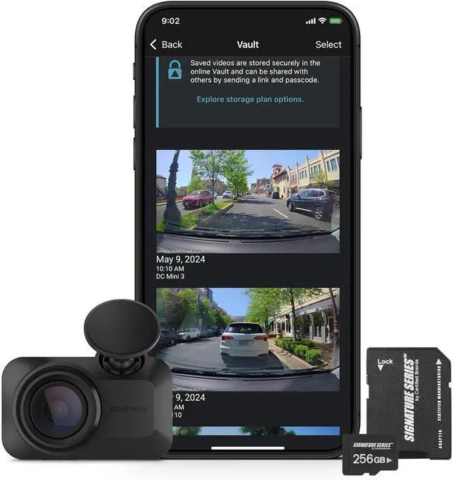 Main image of Garmin Dash Cam Mini 3 Ultracompact 1080p HD Camera | 140° FOV, Clarity Polarizer, Voice Control, Automatic Incident Detection Recording | with Signature Series 256GB Micro SDXC Card