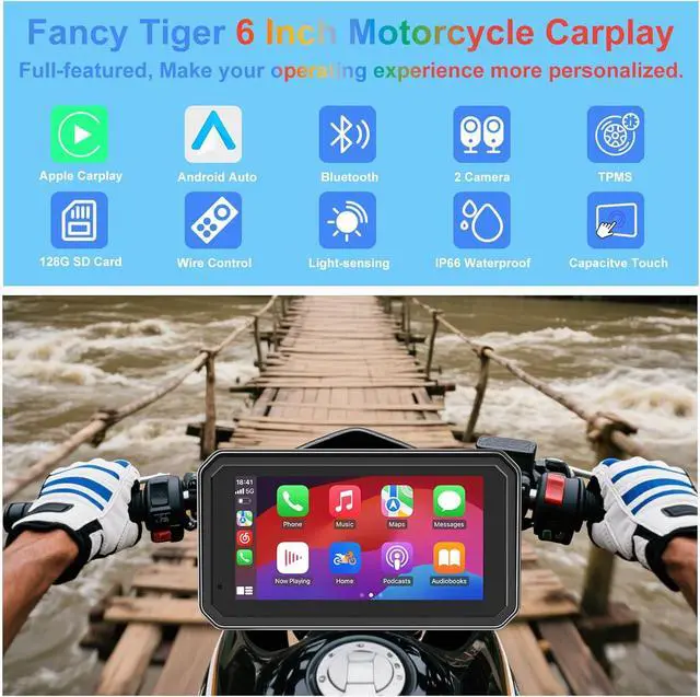 Alt view image 2 of 7 - MT600 Pro Motorcycle Dash Cam, Quick-Release Magnetic Mount, Motorcycle Carplay & Android Auto GPS Navigation for Motorbike, Dual HD 1080P Camera, TPMS, 6" IP67 Waterproof Touchscreen, Siri