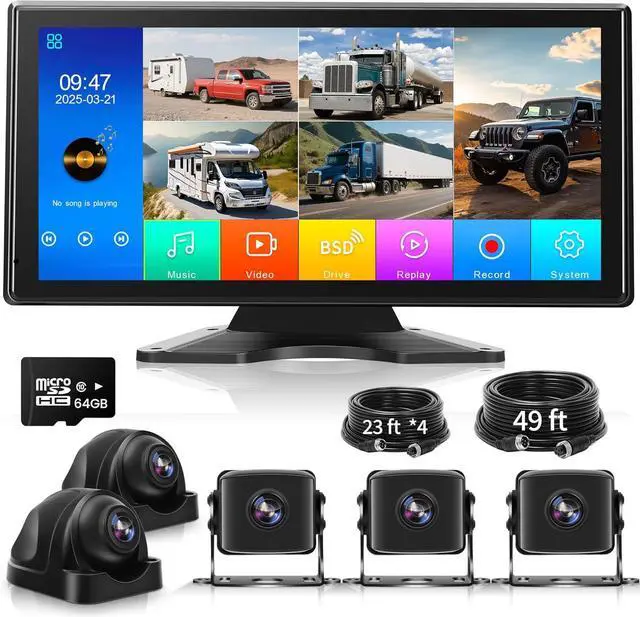 Main image of 5 Channel Backup Camera System Dash Cam with 10.36" IPS Touch Screen Monitor Rear Side View 5 1080P HD Camera for RV/Truck/Van/Trailer, DVR Recording, Music Video Player, BSD Alert, 64GB Card