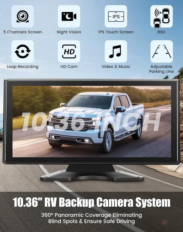 Alt view image 2 of 7 - 5 Channel Backup Camera System Dash Cam with 10.36" IPS Touch Screen Monitor Rear Side View 5 1080P HD Camera for RV/Truck/Van/Trailer, DVR Recording, Music Video Player, BSD Alert, 64GB Card