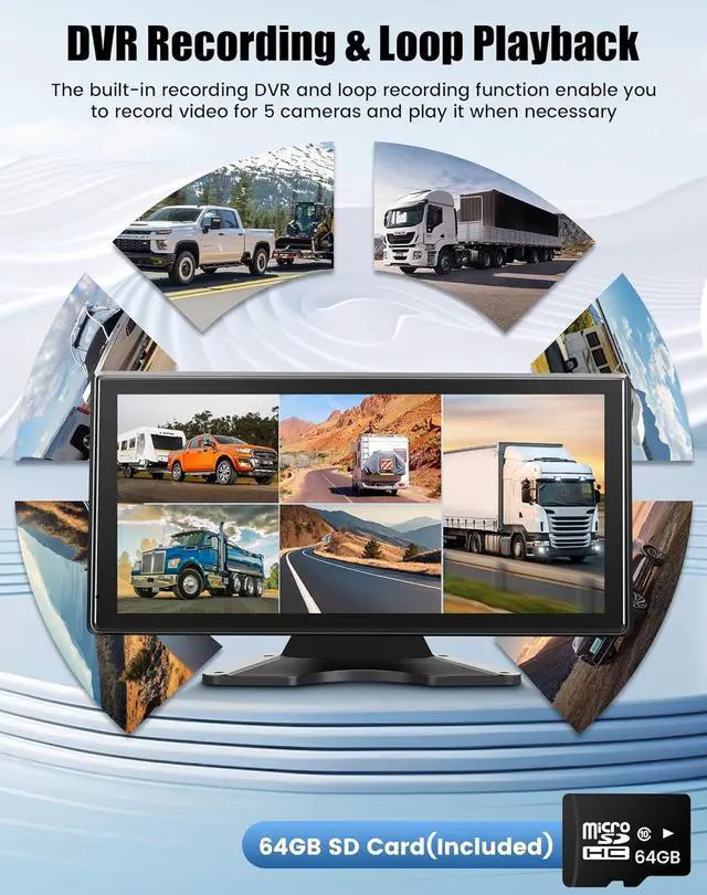 Alt view image 7 of 7 - 5 Channel Backup Camera System Dash Cam with 10.36" IPS Touch Screen Monitor Rear Side View 5 1080P HD Camera for RV/Truck/Van/Trailer, DVR Recording, Music Video Player, BSD Alert, 64GB Card