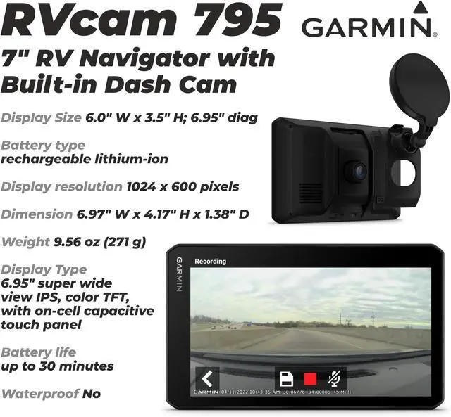 Alt view image 3 of 5 - Garmin RV Cam 795, Large, Easy-to-Read 7'' GPS RV Navigator, Built-in Dash Cam, Automatic Incident Detection, Custom RV Routing with Wearable4U Power Pack Bundle, (010-02728-00)