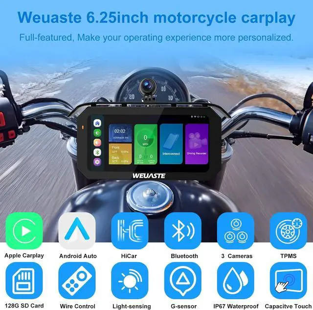 Alt view image 2 of 7 - MT92C 6.25" Motorcycle Carplay Screen, HD 1080P Dual Motorcycle Dash Cam + Third Person Perspective Camera, Moto TPMS, Wireless Car Play/Android Auto/HiCar, Motos Metal Anti-Theft Bracket
